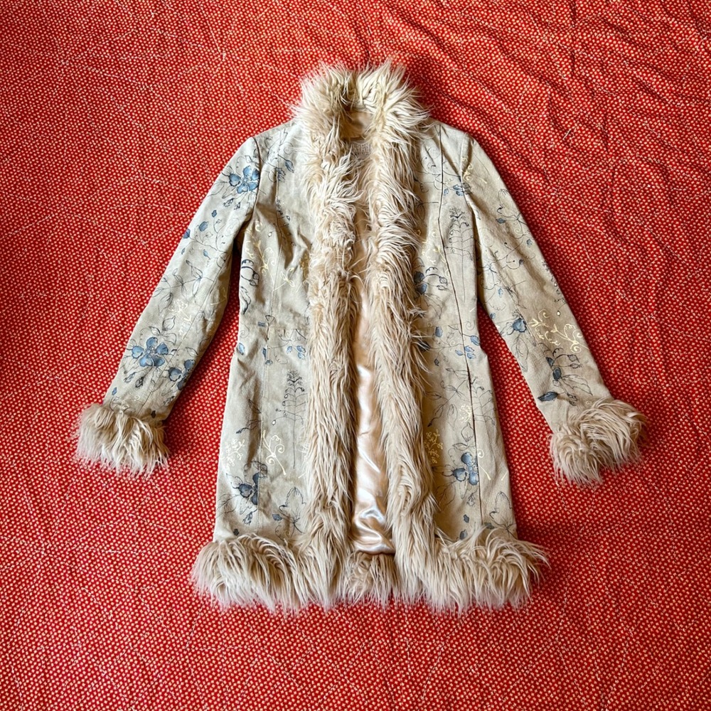 Vintage 90s Wilsons Leather Tan Floral Suede Coat Faux Fur Penny Lane Small
